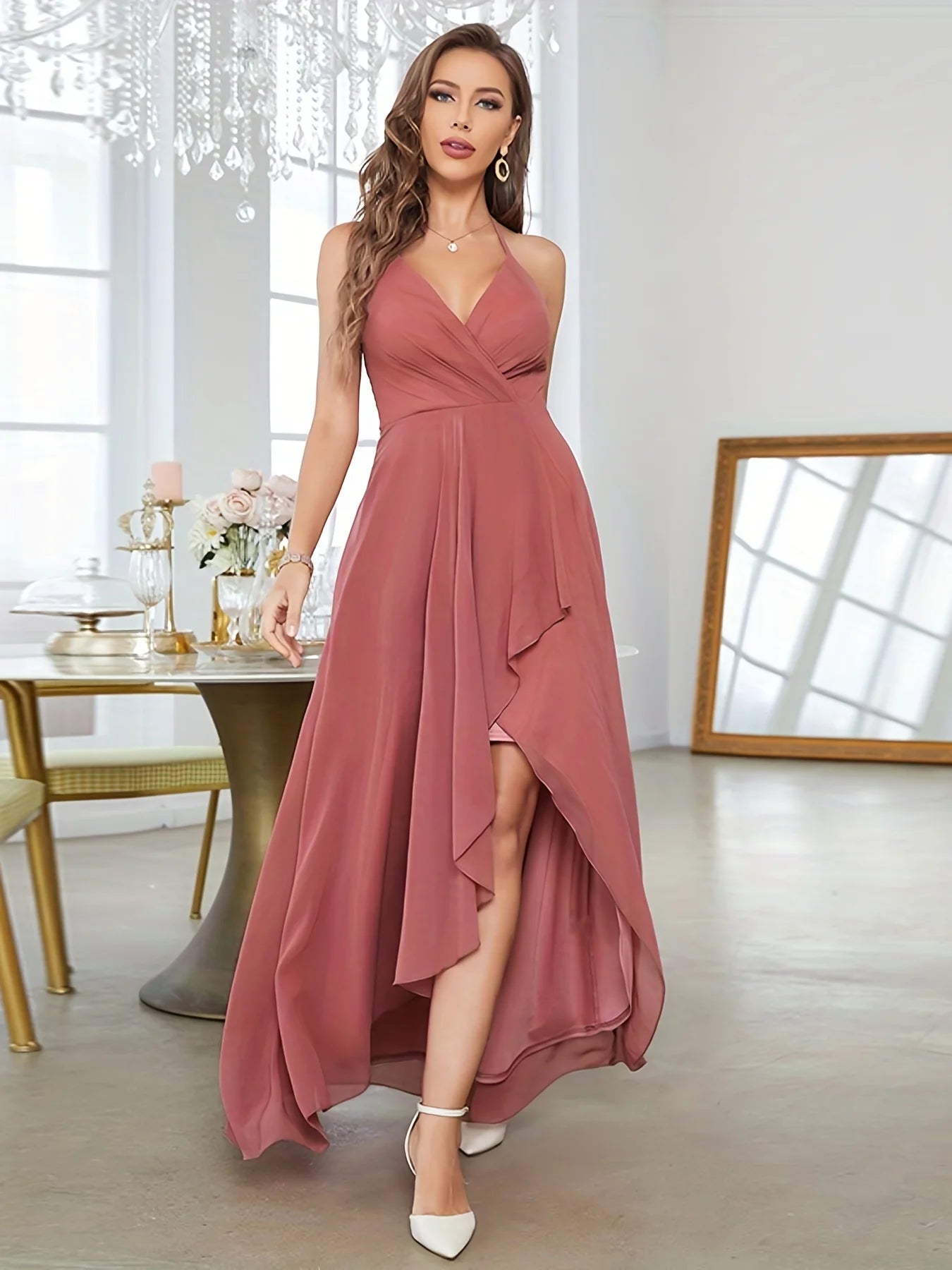 Mgiacy Ruffle Hem V-neck Halter Bridesmaid Dress, Elegant Backless Dress For Wedding Party, Women's Clothing