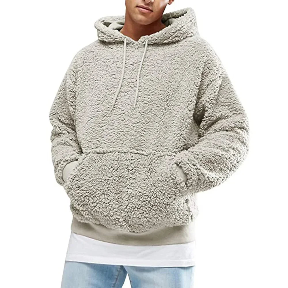 2025 Autumn Winter Men's Tops Plush Hooded Sweater Fashion Solid Warm Hoodies Y2K Streetwear in Hooded Sweatshirts Mens Clothes