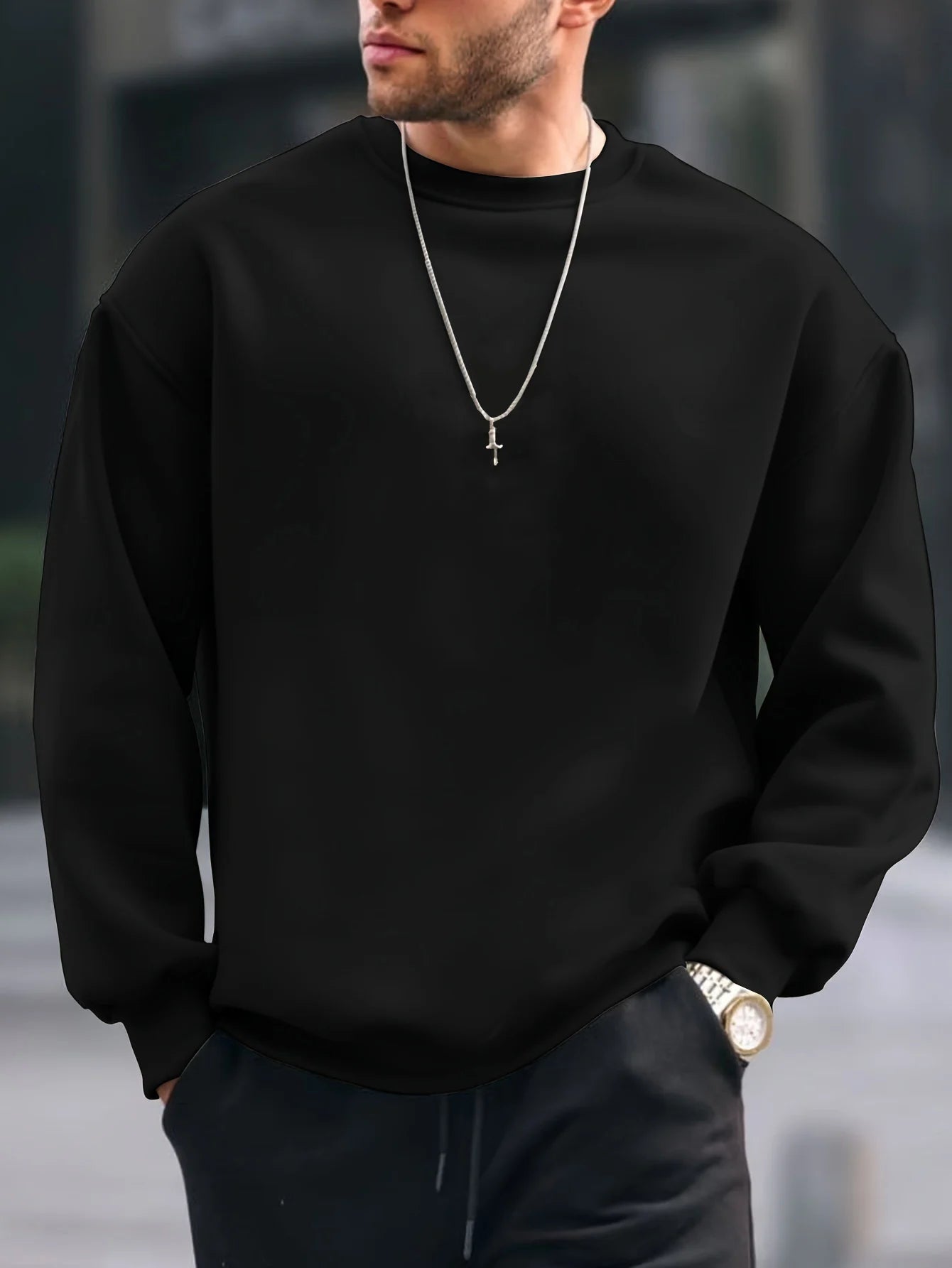 Men's autumn and winter fashionable casual loose plus rose pattern printed fleece pullover round neck long sleeved sweatshirt