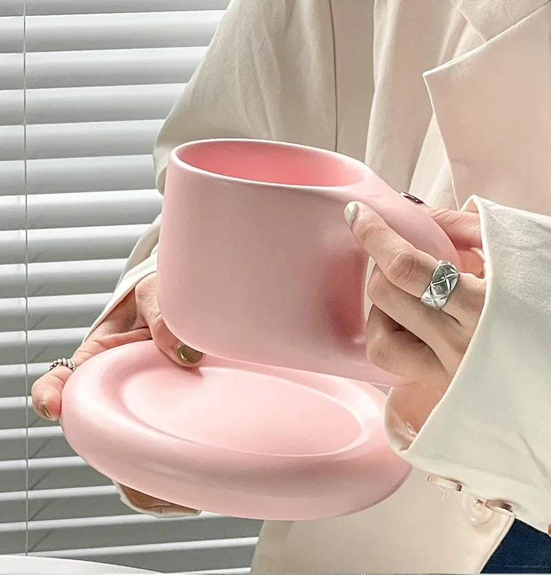 Nordic Modern Ceramic Coffee Cups and Plates Korean Ins Cute Trendy Chubby Cup Office Makron Color Spotted Texture Couple Cup