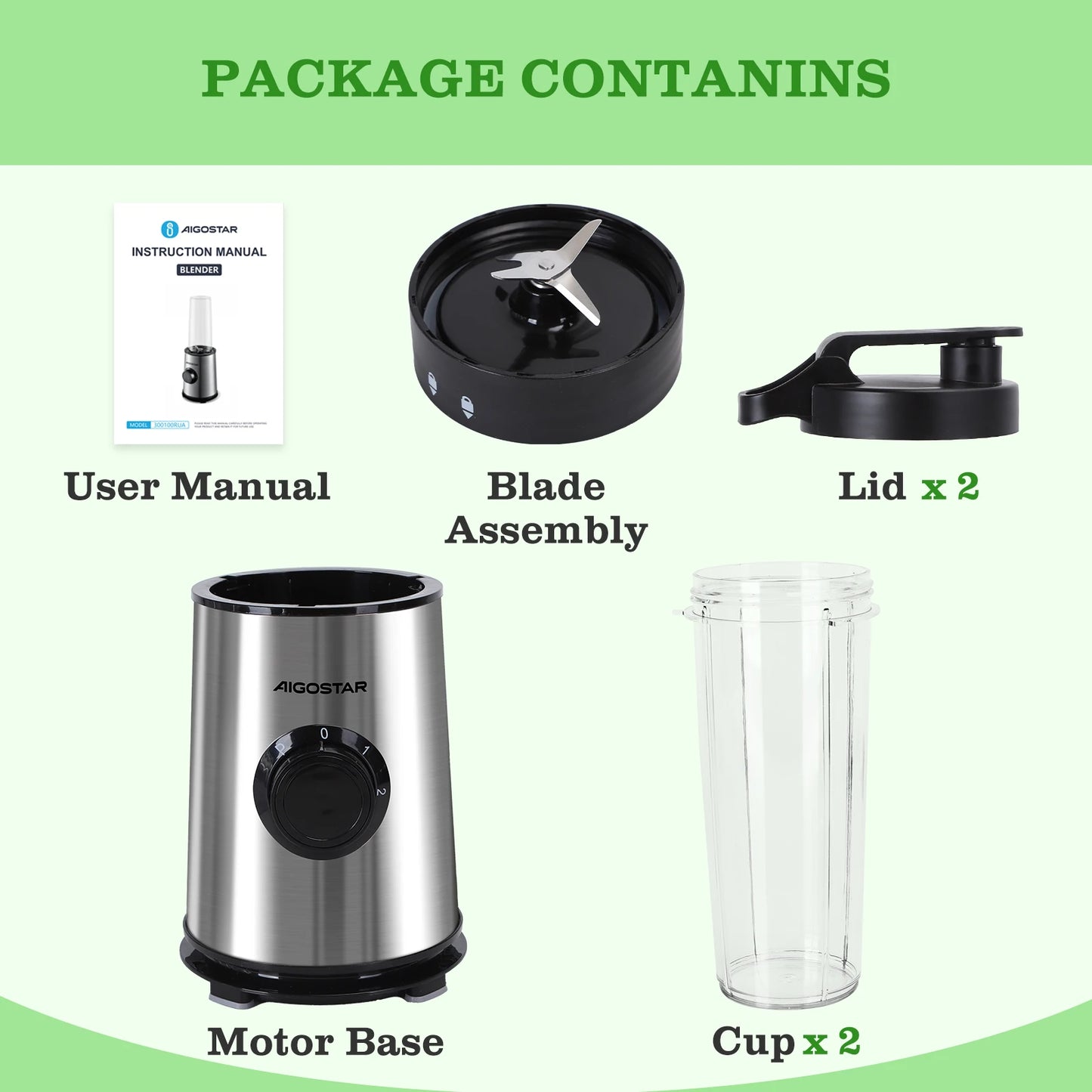Aigostar Portable Blender, Electric Blender with 2 * 800ml BPA-FREE Water Bottles, 2 Speeds and Pulse, 4 Stainless Steel Blades,