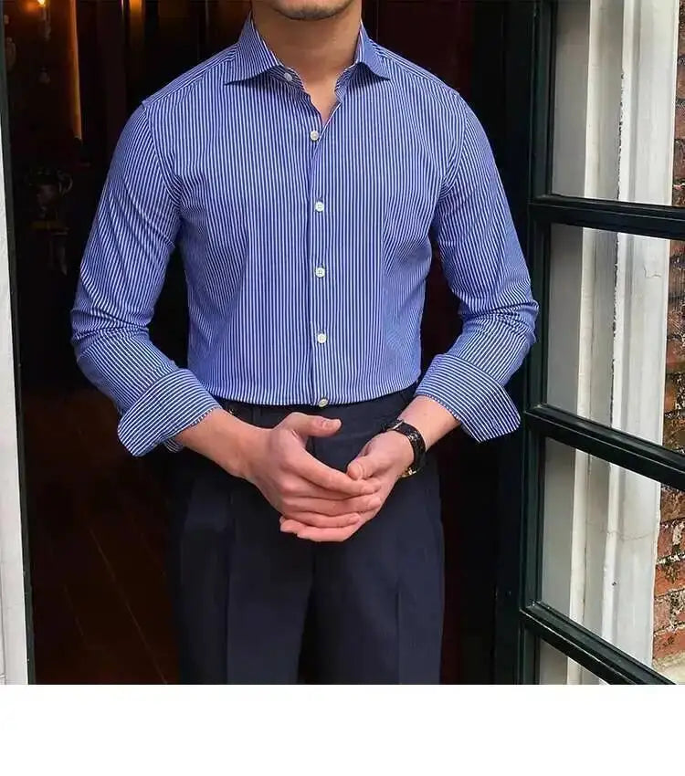 High Quality Men Business Striped Shirt Long Sleeve Slim Hairstylist Shirts Men Office Tuxedo Stripe Shirt Social Herren Hemd