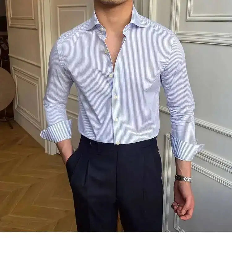 High Quality Men Business Striped Shirt Long Sleeve Slim Hairstylist Shirts Men Office Tuxedo Stripe Shirt Social Herren Hemd