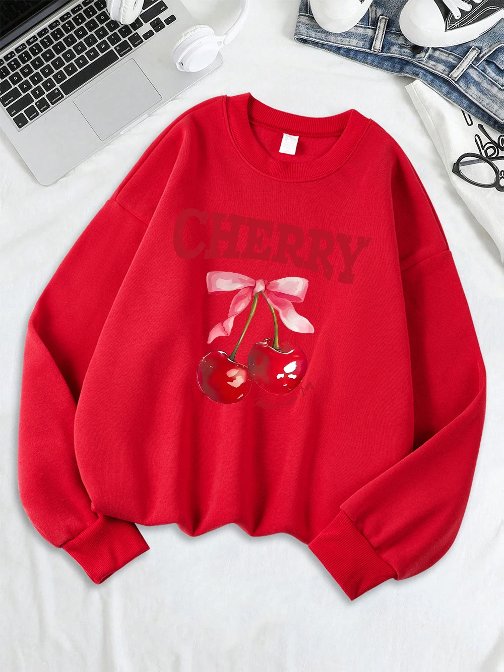 Cherry Pink Bow Have A Nice Day Prints Sweatshirts Women Warm Comfortable Hoodie O-Neck Tops Winter Casual Clothes