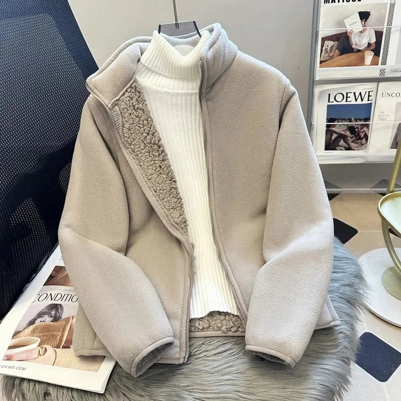 2025 Fashion Polar Fleece Sweatshirt Women's Stand-up Collar Short Coat Autumn Winter Zipper-up Thicken Jacket Lady Warm Tops