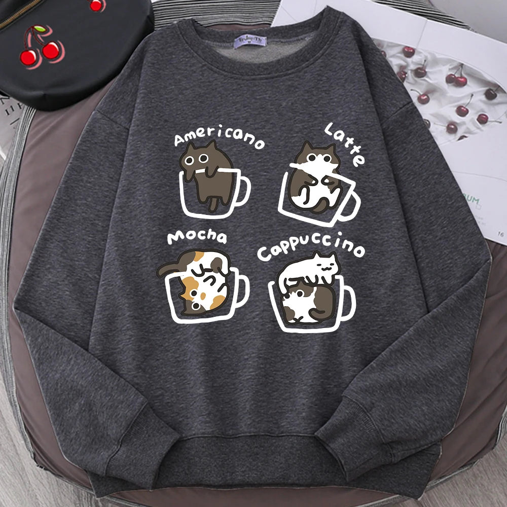 American Style Coffee Cat Cute Print Cartoons Hoodie Men Women Sweatshirt Loose Warm Clothes Personality Autumn Hoody Couple