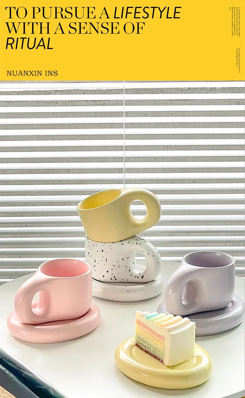 Nordic Modern Ceramic Coffee Cups and Plates Korean Ins Cute Trendy Chubby Cup Office Makron Color Spotted Texture Couple Cup