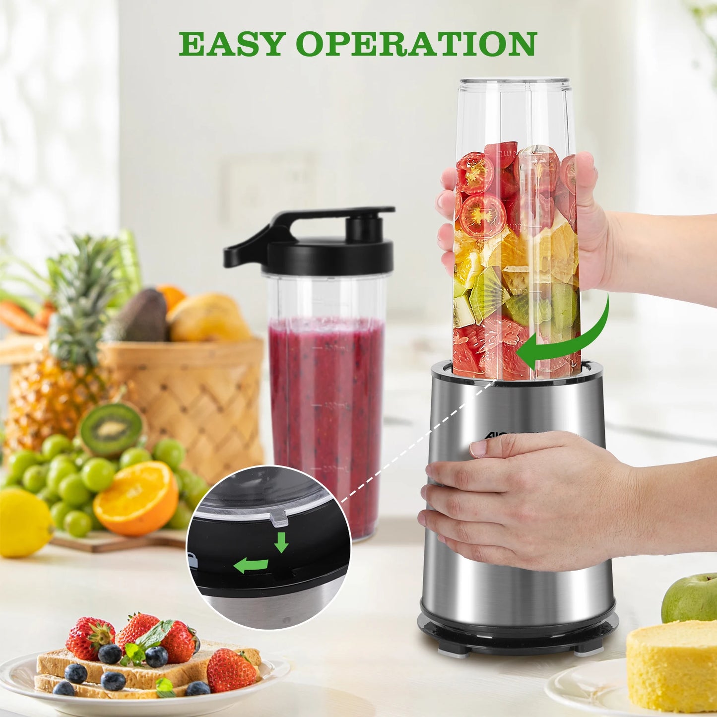 Aigostar Portable Blender, Electric Blender with 2 * 800ml BPA-FREE Water Bottles, 2 Speeds and Pulse, 4 Stainless Steel Blades,