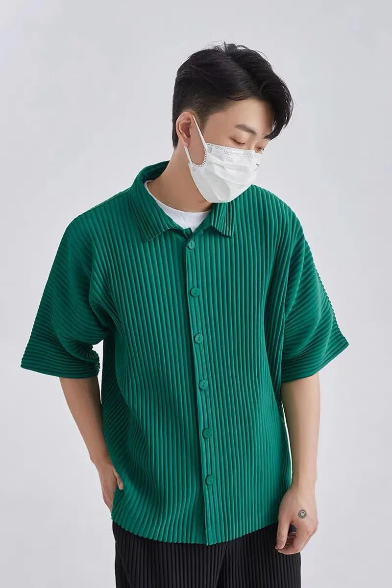 Pleats Pleated Original Short-sleeved Shirt Men's Short-sleeved Blouse 2024 Spring And Summer Loose Casual Jacket Solid Color