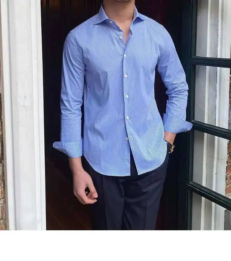 High Quality Men Business Striped Shirt Long Sleeve Slim Hairstylist Shirts Men Office Tuxedo Stripe Shirt Social Herren Hemd