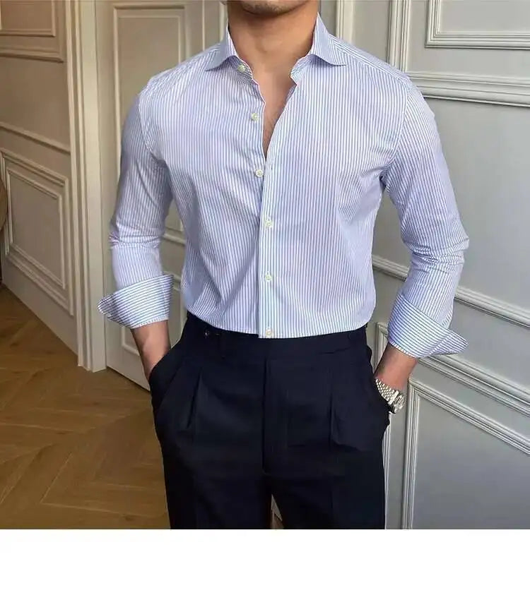 High Quality Men Business Striped Shirt Long Sleeve Slim Hairstylist Shirts Men Office Tuxedo Stripe Shirt Social Herren Hemd