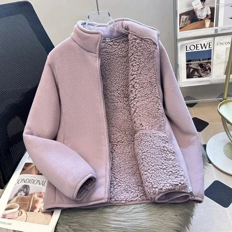 2025 Fashion Polar Fleece Sweatshirt Women's Stand-up Collar Short Coat Autumn Winter Zipper-up Thicken Jacket Lady Warm Tops