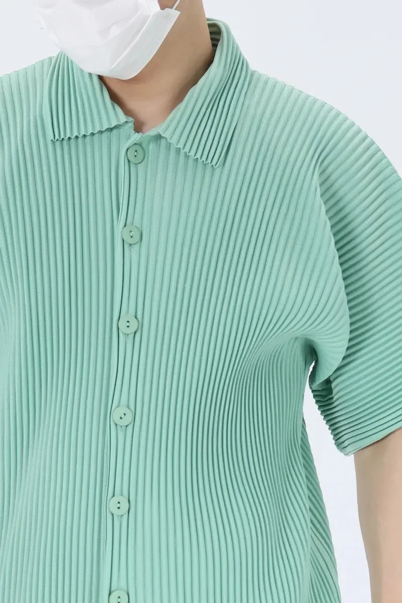 Pleats Pleated Original Short-sleeved Shirt Men's Short-sleeved Blouse 2024 Spring And Summer Loose Casual Jacket Solid Color